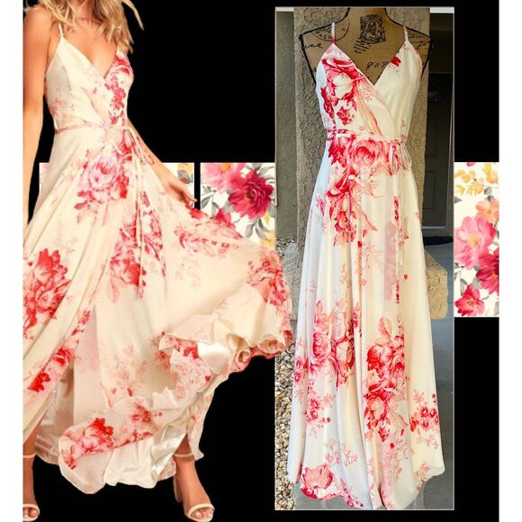 Lulus Dresses & Skirts - Lulus Cream and Coral Floral Wrap Elegantly Inclined  Maxi Dress Size: S